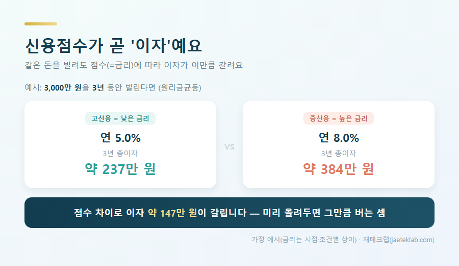 신용점수(금리) 차이로 이자가 갈린다 — 3천만원 3년, 5% vs 8%면 약 147만원 차이