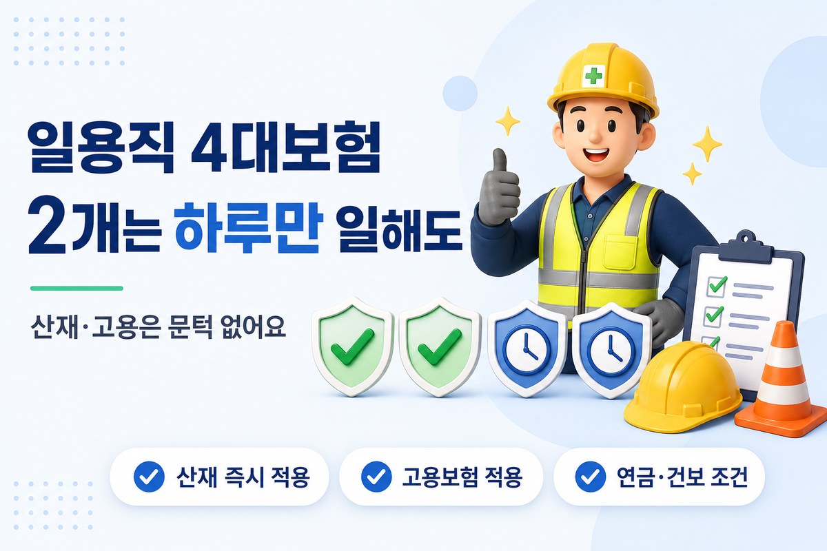 일용직 4대보험 — 산재·고용은 하루만 일해도 적용, 국민연금·건강보험은 월 8일 조건