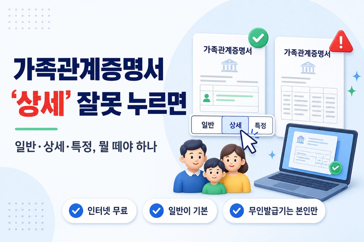 가족관계증명서 일반·상세·특정 선택 — 인터넷 무료, 무인발급기는 본인만