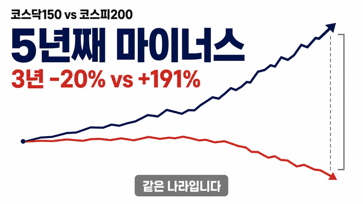 코스닥150과 코스피200 5년 격차 — 3년 -20% vs +191%