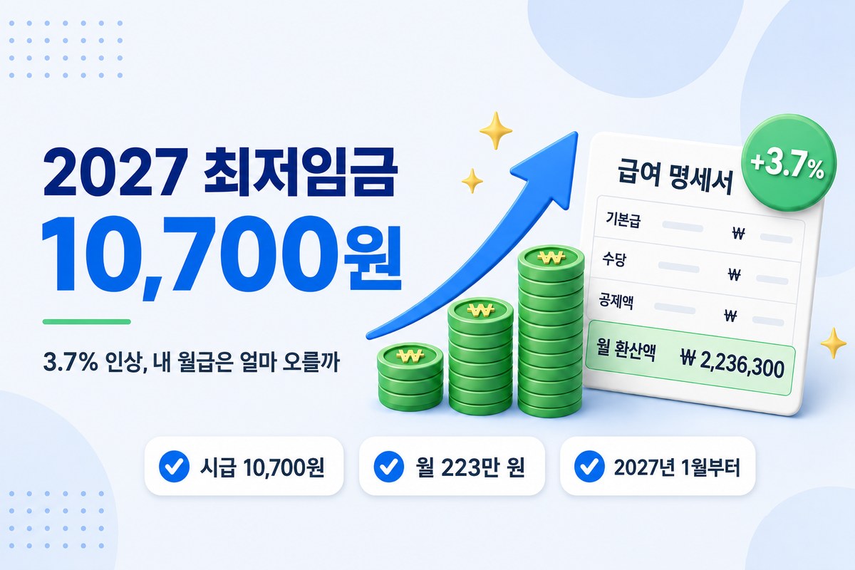 2027년 최저임금 10,700원 — 3.7% 인상, 월 환산액 2,236,300원, 2027년 1월부터 적용