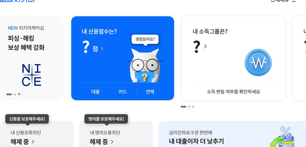 NICE지키미에서 내 신용점수를 무료로 확인하는 화면