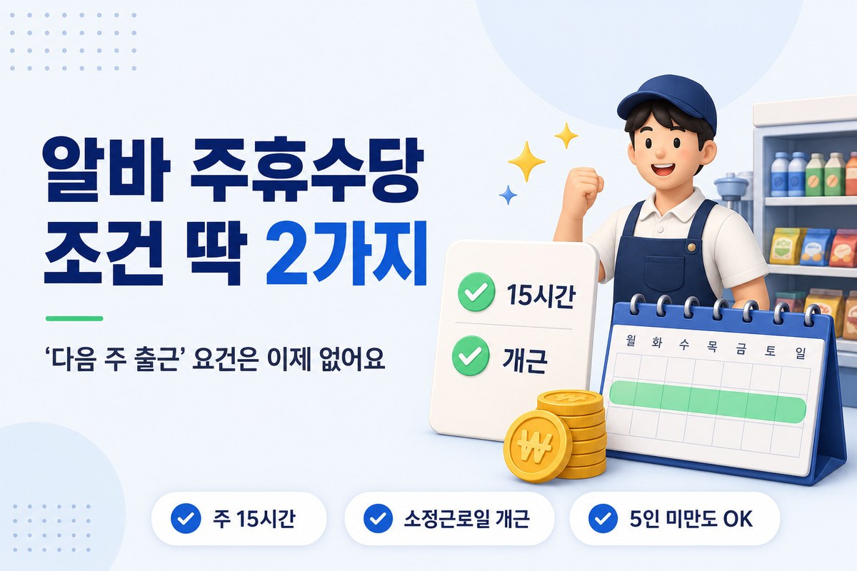 알바 주휴수당 조건 — 주 15시간 이상·소정근로일 개근, 5인 미만도 적용