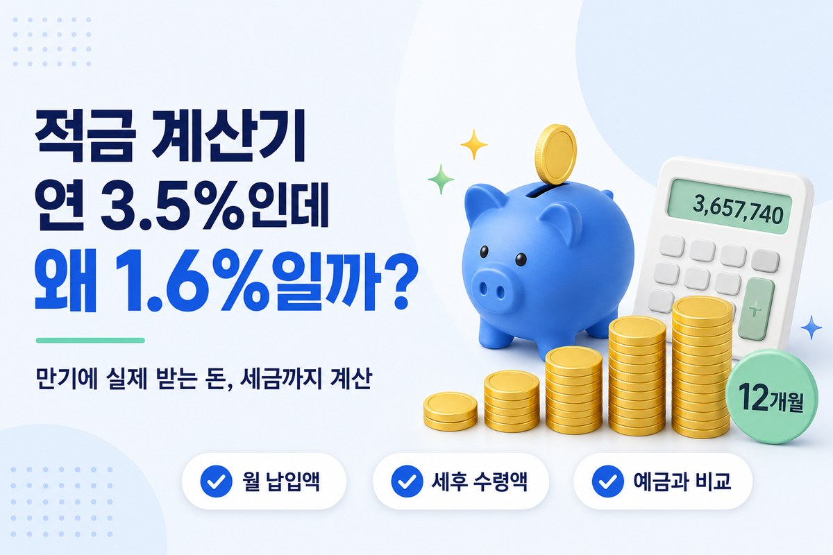 적금 계산기 — 연 3.5%인데 실수익률 1.6%? 만기 수령액 세금까지 계산